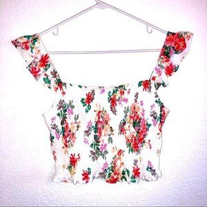 White Floral Ruffle Sleeve Crop Top Size Medium